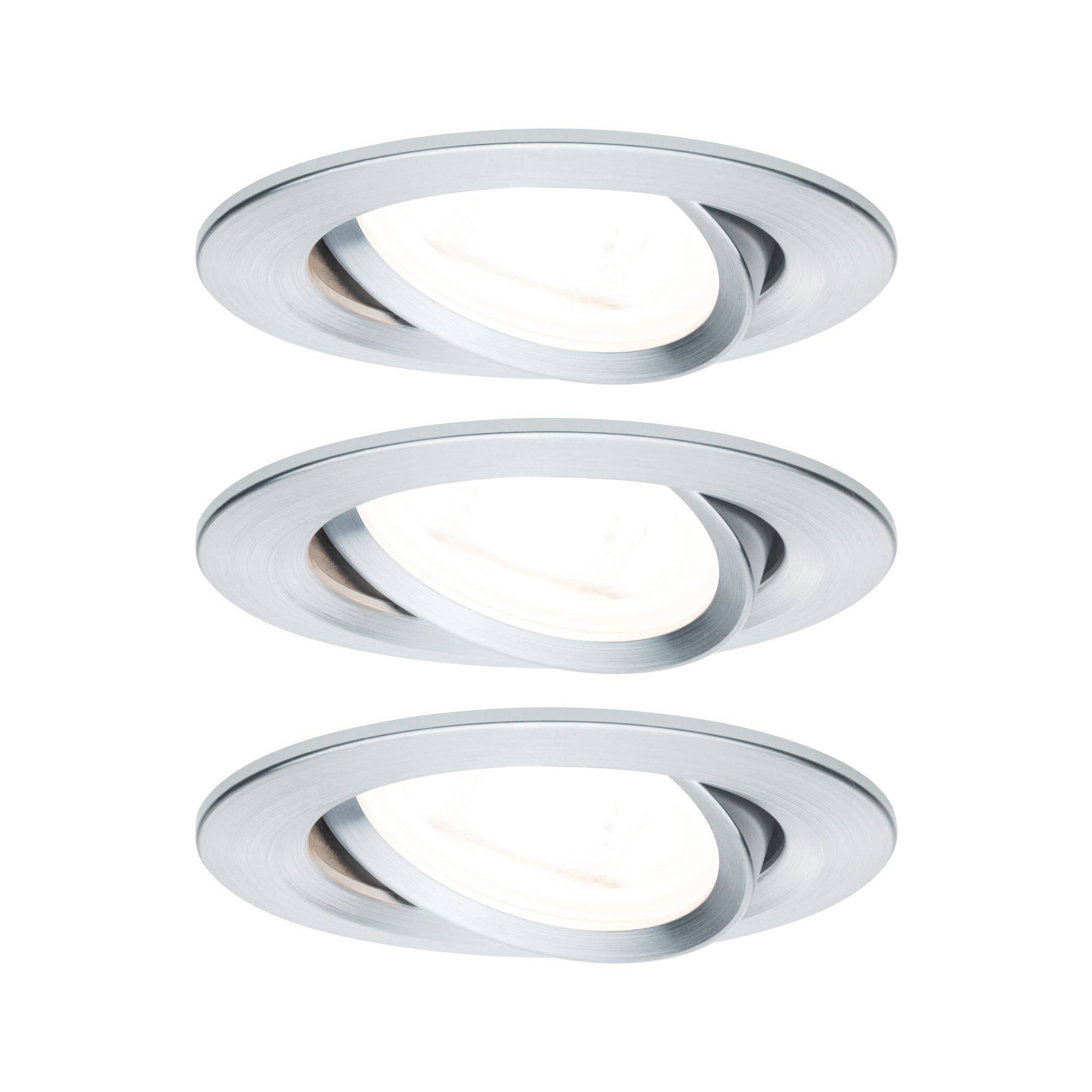 Drie ronde, zilveren LED-inbouwspots met kantelbare frames, gerangschikt in een verticale lijn, op een witte achtergrond.