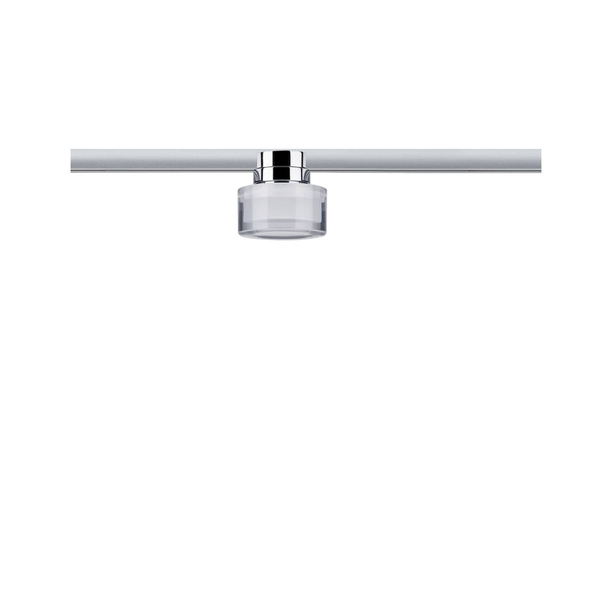 Een moderne, ronde plafondlamp van metaal en glas, gemonteerd aan een rechte stang. Hij is eenvoudig en minimalistisch vormgegeven.