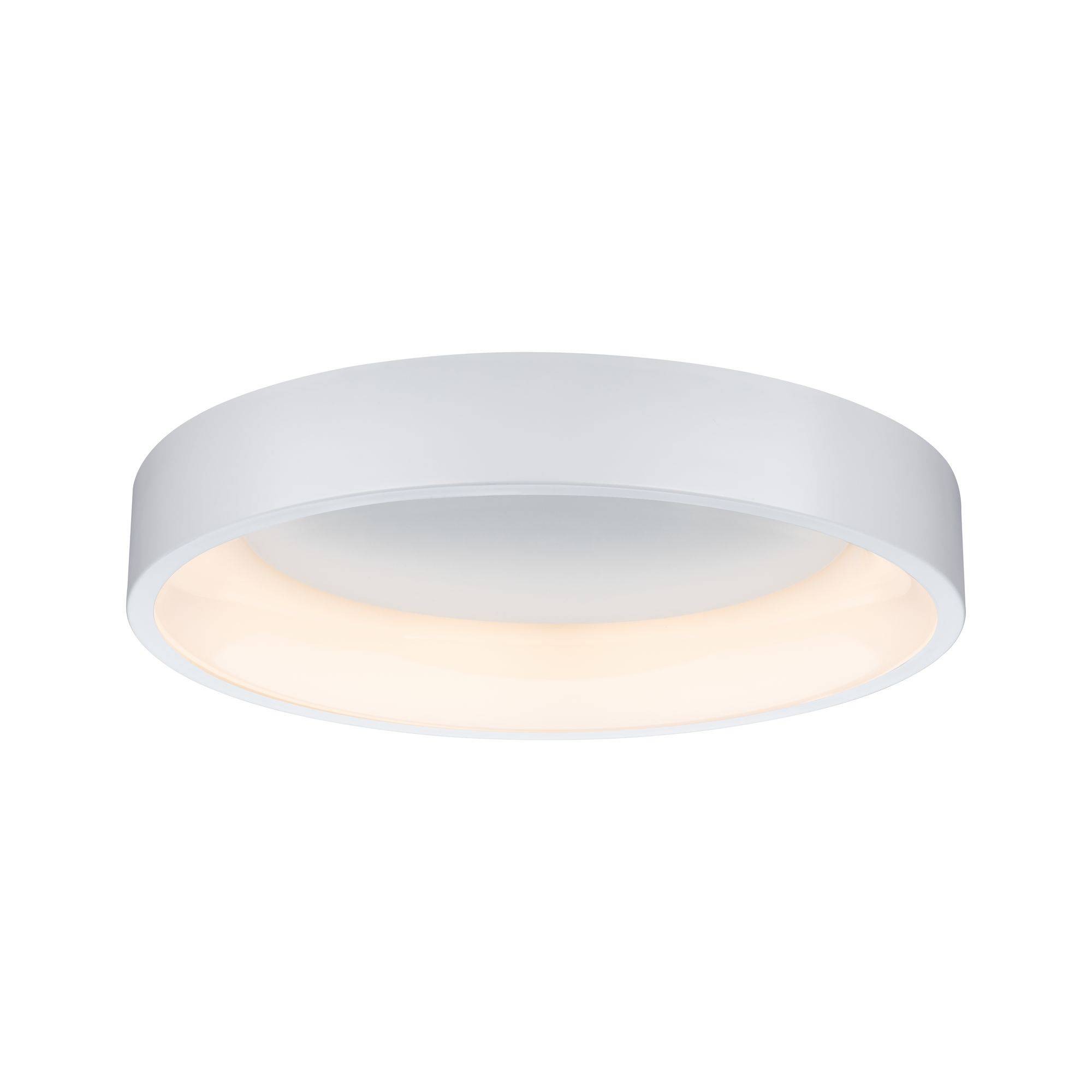 Ronde LED-plafondlamp met een strak, modern design; verspreidt een zacht, warmwit licht. Ideaal voor leefruimtes.