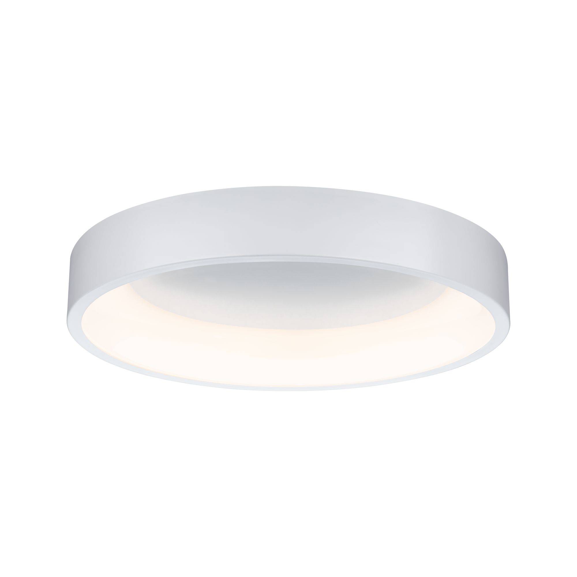 Een eenvoudige, ronde plafondlamp met een witte rand en een warmwit lichtbundel. Ideaal voor moderne interieurs.