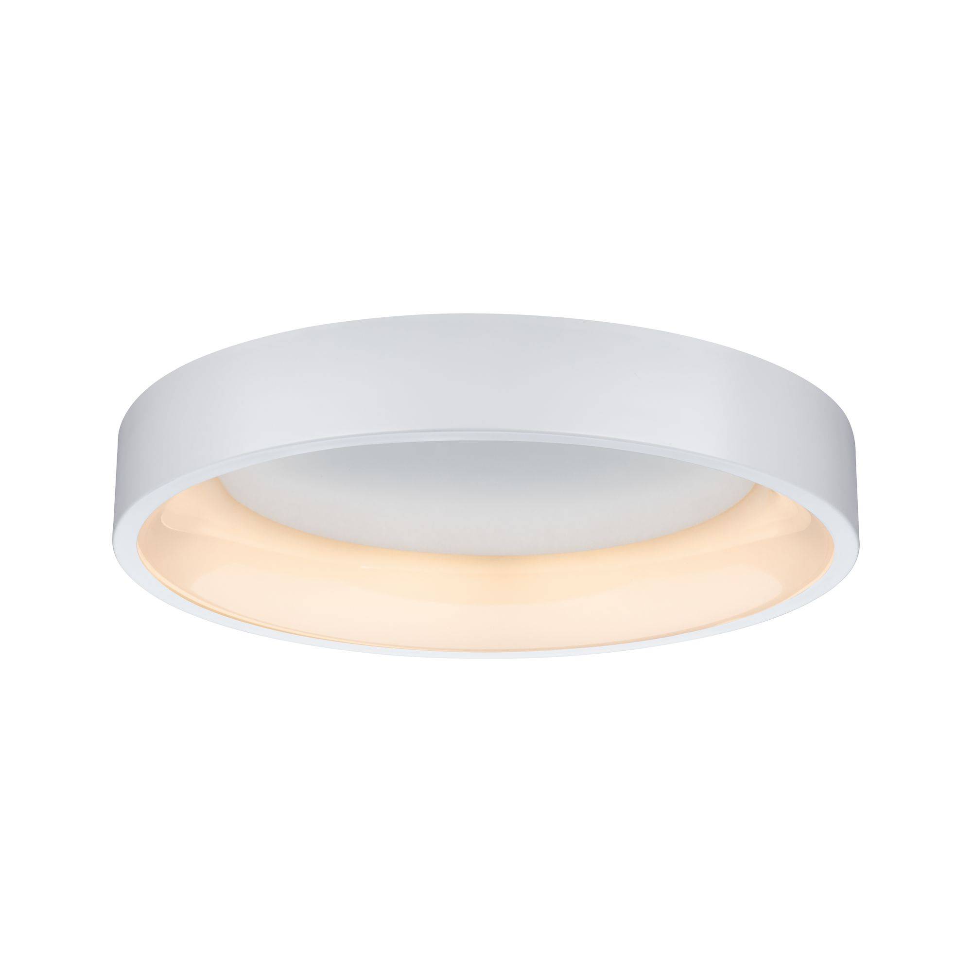 Witte, ronde plafondlamp met warm licht.