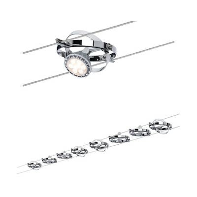 Een modern, chroom kleurig railsysteemarmatuur met meerdere verstelbare spots, ideaal voor flexibele ruimteverlichting.