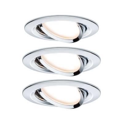 Drie ronde, verstelbare inbouwplafondlampen in chroomlook, die warm wit licht verspreiden, boven elkaar geplaatst in een verticale opstelling.