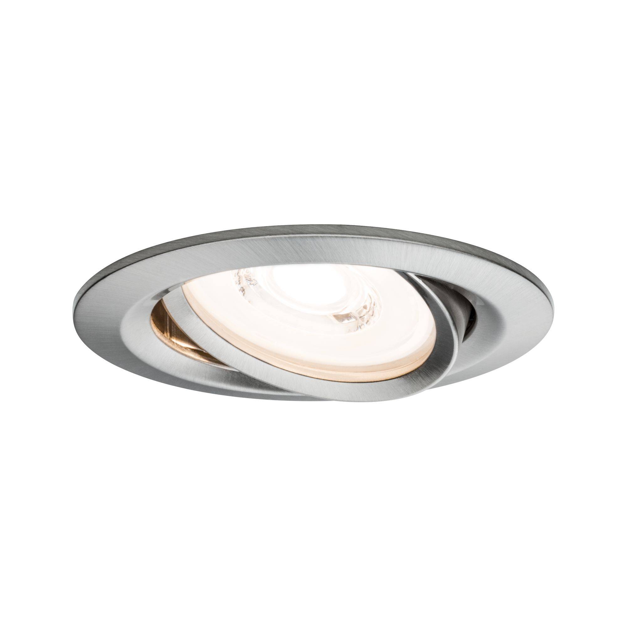 Inbouwspot met draaibaar, rond frame in moderne stijl; lichtbron zichtbaar in het midden.
