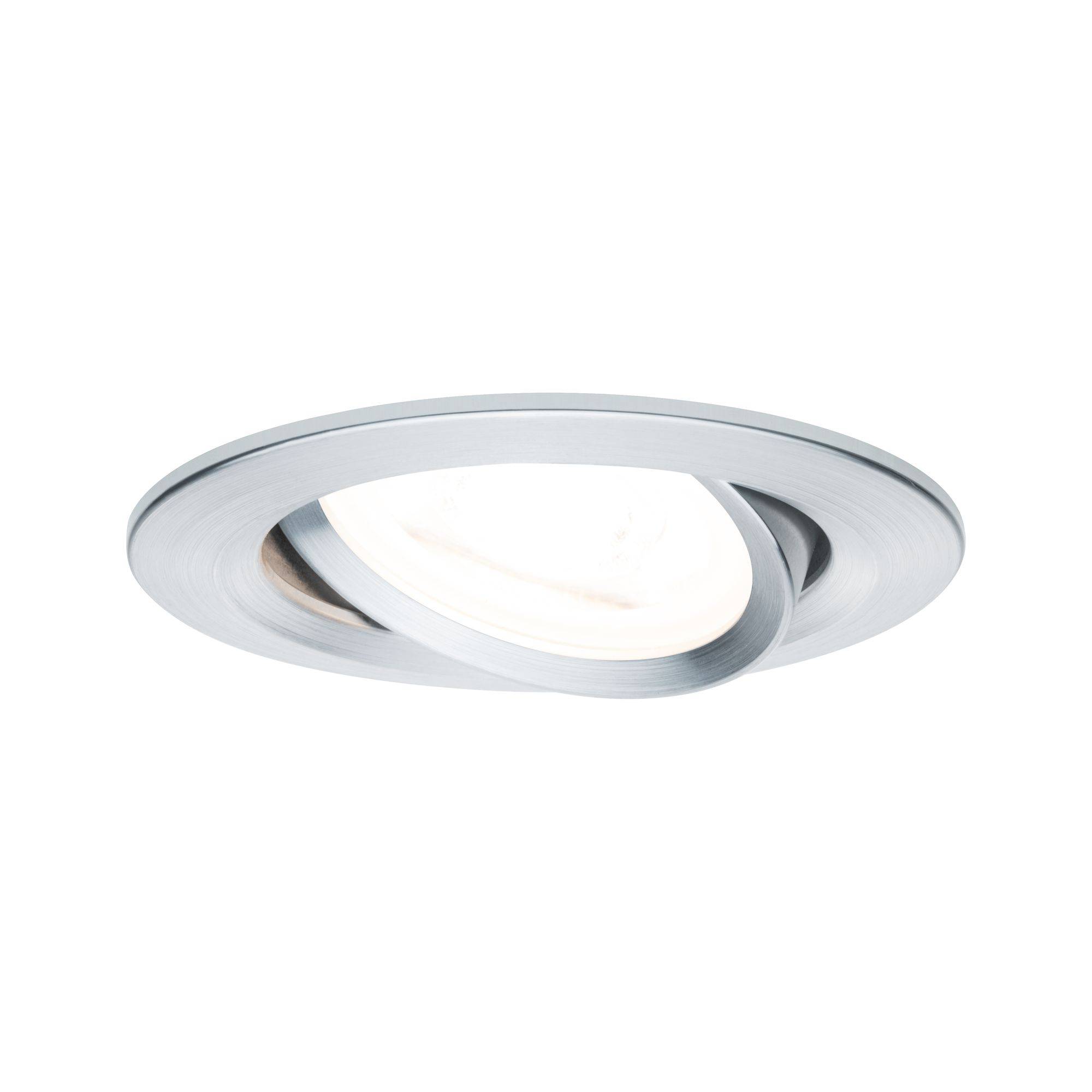 Inbouwspot met een rond, draaibaar frame in zilver. Hij straalt helder, warmwit licht uit. Ideaal voor moderne interieurs.