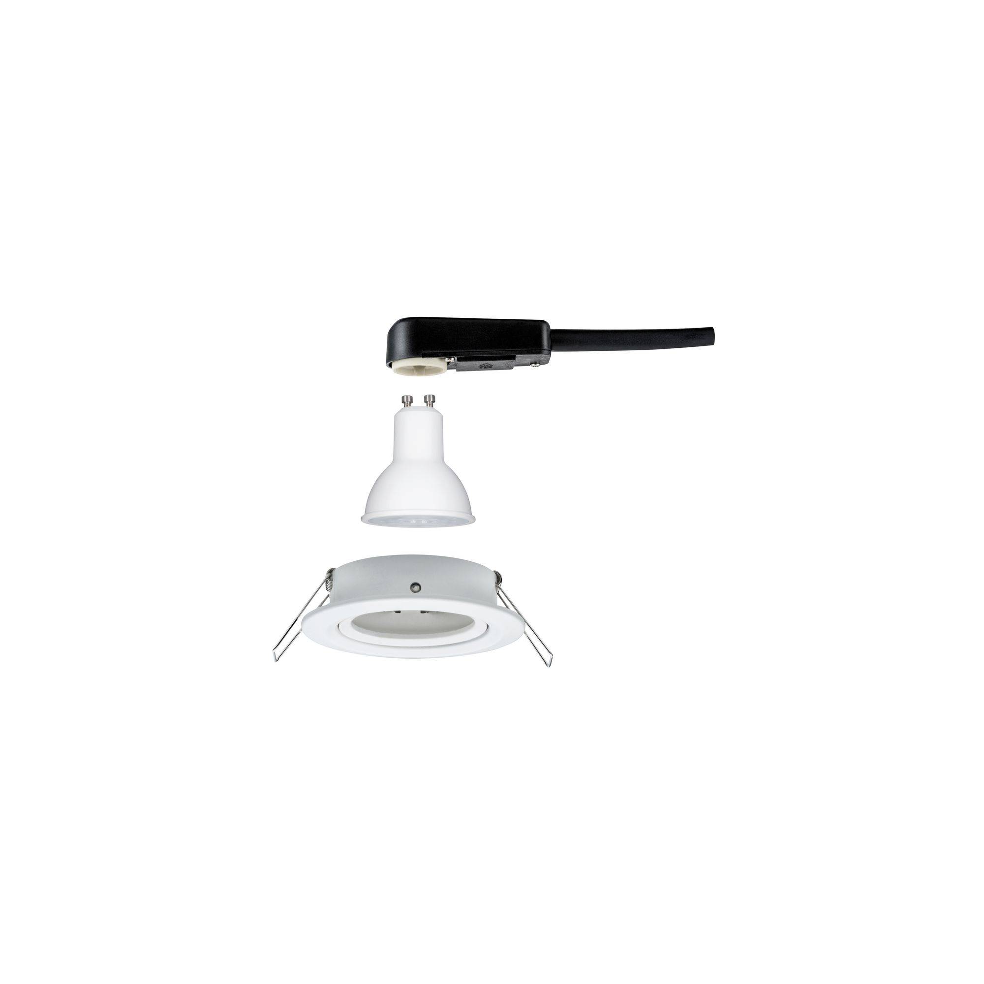 Inbouwspotset met ronde, witte behuizing en LED-lamp. Geschikt voor plafondinstallatie in woonruimtes.