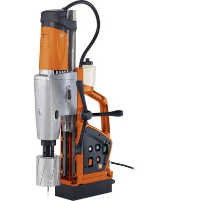 Boormachine in oranje en zilver, verticaal geplaatst, met bedieningselementen en kabel; geschikt voor professionele toepassingen.