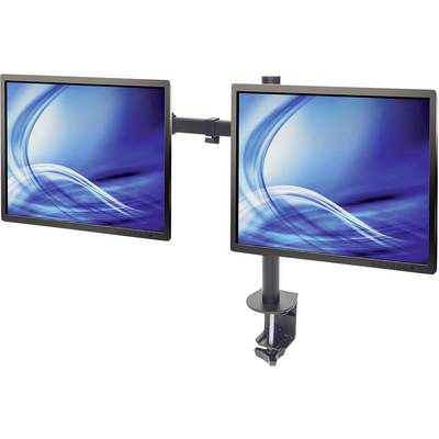 Twee naast elkaar gemonteerde computerbeeldschermen met blauwe abstracte achtergrondafbeeldingen, bevestigd aan een draaibare arm.