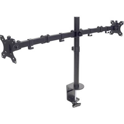 Zwarte dual-monitorstandaard met verstelbare arm en klem voor bevestiging aan een bureau. Ideaal voor kantoren.