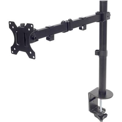 Een verstelbare zwarte monitorarm voor bureaumontage, met een klem aan een uiteinde en een houder voor het bevestigen van een monitor.