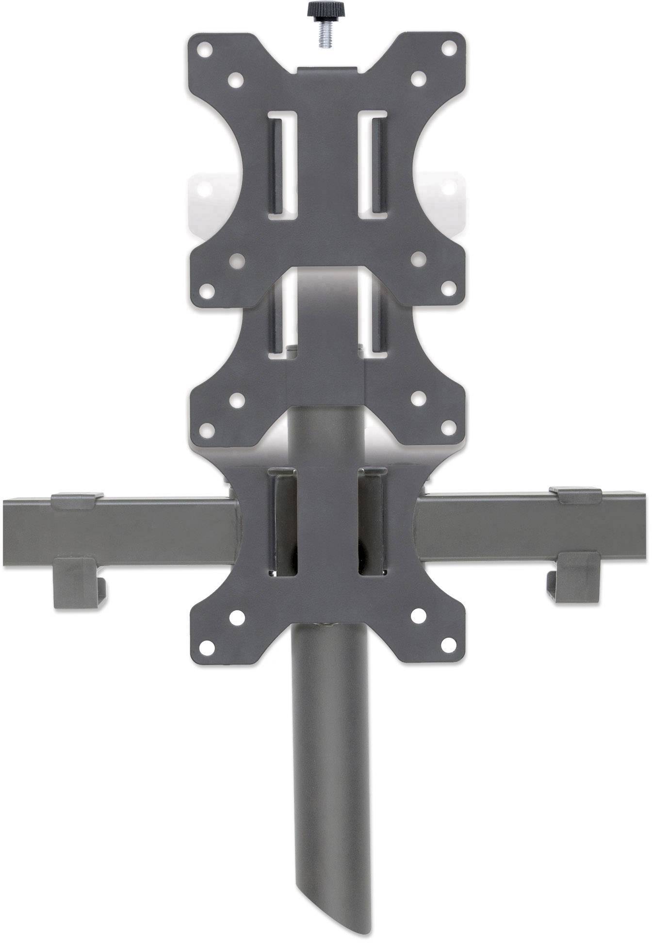 Metalen monitorbeugel, verstelbaar met meerdere bevestigingspunten, voor het monteren van schermen op een verticale stang.