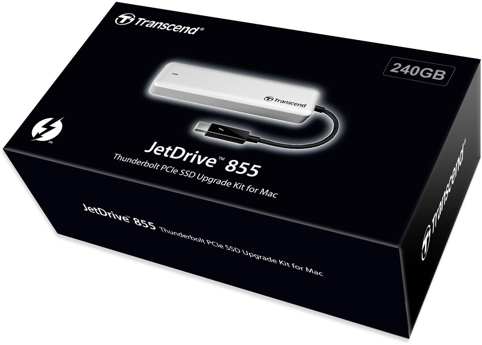 Transcend JetDrive 855 is een Thunderbolt PCIe SSD upgrade kit voor Mac met 240GB, afgebeeld in een zwarte verpakking.