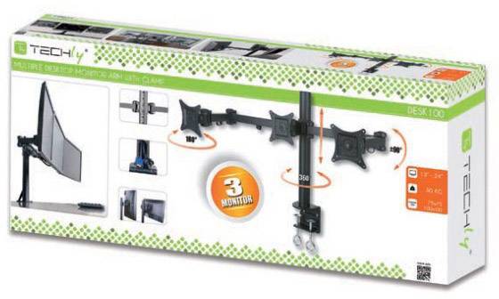 Techly-montageset (klembevestiging voor tafelbuis zwenkarm) voor 3 LCD-schermen - Zwart - Schermgrootte-9