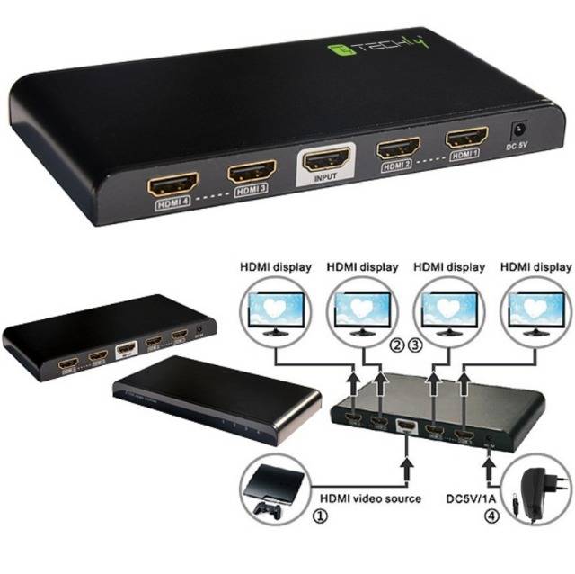 TECHly IDATA-HDMI2-4K4 4 poorten HDMI-splitter 3D-weergave mogelijk 3840 x 2160 Pixel Zwart-2