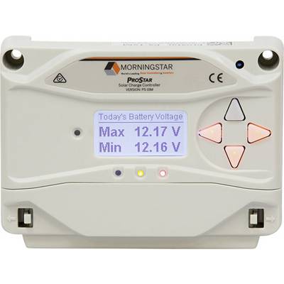 Laadcontroller met display, toont batterijstatus: 'Max 12,17 V, Min 12,16 V'. Fabrikant 'Morningstar', Model 'ProStar'.