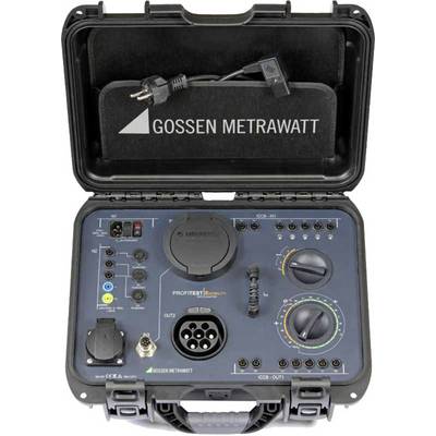 Testapparaat van Gossen Metrawatt in een koffer met draaiknoppen, displays en een stekker. Wordt gebruikt voor veiligheidscontrole van elektrische installaties.