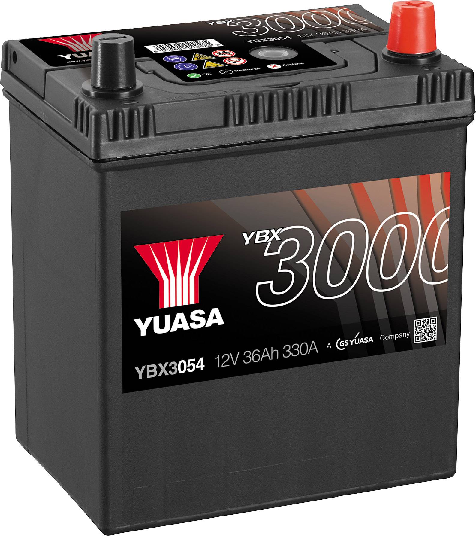 Autoaccu van Yuasa, model YBX3054, 12V, 36Ah, 330A. Plastic behuizing, zwart omhulsel, rode en zwarte poolklemmen bovenaan.