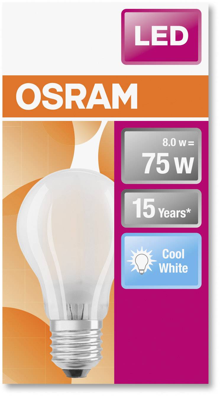 Led-lamp van Osram; 8,0 W komt overeen met 75 W; levensduur 15 jaar; lichtkleur 'Cool White'; oranje-witte verpakking.