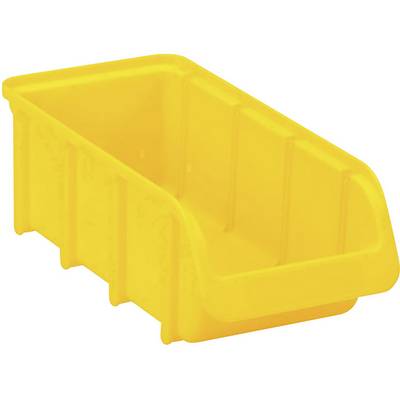 Gele kunststof container met open deksel, geschikt voor het opbergen van kleinere voorwerpen.