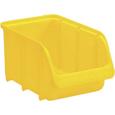 Gele kunststof opslagcontainer met open voorkant, ideaal voor het opslaan van kleine voorwerpen of onderdelen.