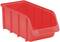Rode kunststof opslagbox met afgeschuinde voorkant en meerdere verticale steunribben. Geschikt voor het opbergen van kleine onderdelen.