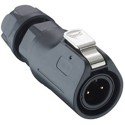 Een zwarte elektrische stekker met een metalen clip, waarschijnlijk voor een professionele audio-aansluiting.