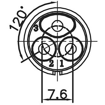 Technische tekening van een stekker met afmetingen. Punten 1, 2 en 3 vormen een driehoek. De hoek bedraagt 120 graden, diameter 7,6 mm.
