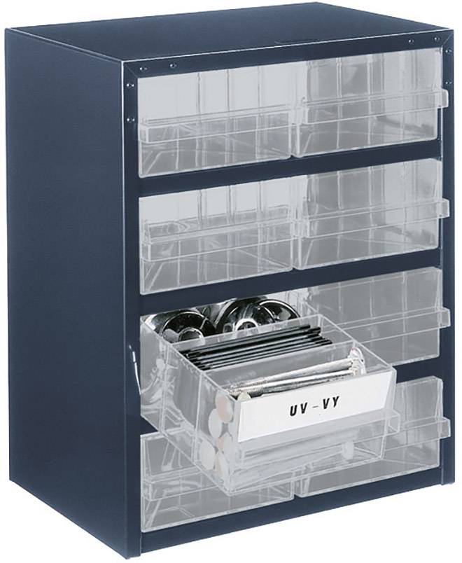 Een zwarte opbergkast met vijf transparante lades. Een lade is geopend en bevat kleinere voorwerpen.