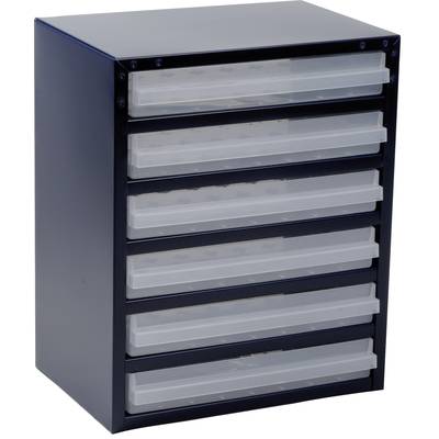 Zwarte metalen ladenkast met zes laden, voorzien van transparante lades, ideaal voor het opbergen van kleine voorwerpen.