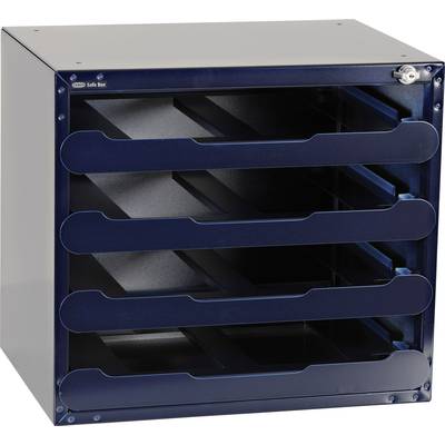 Een metalen archiefkast met meerdere vakken en een afsluitbare deur. De kast is blauw en geschikt voor het opbergen van documenten.