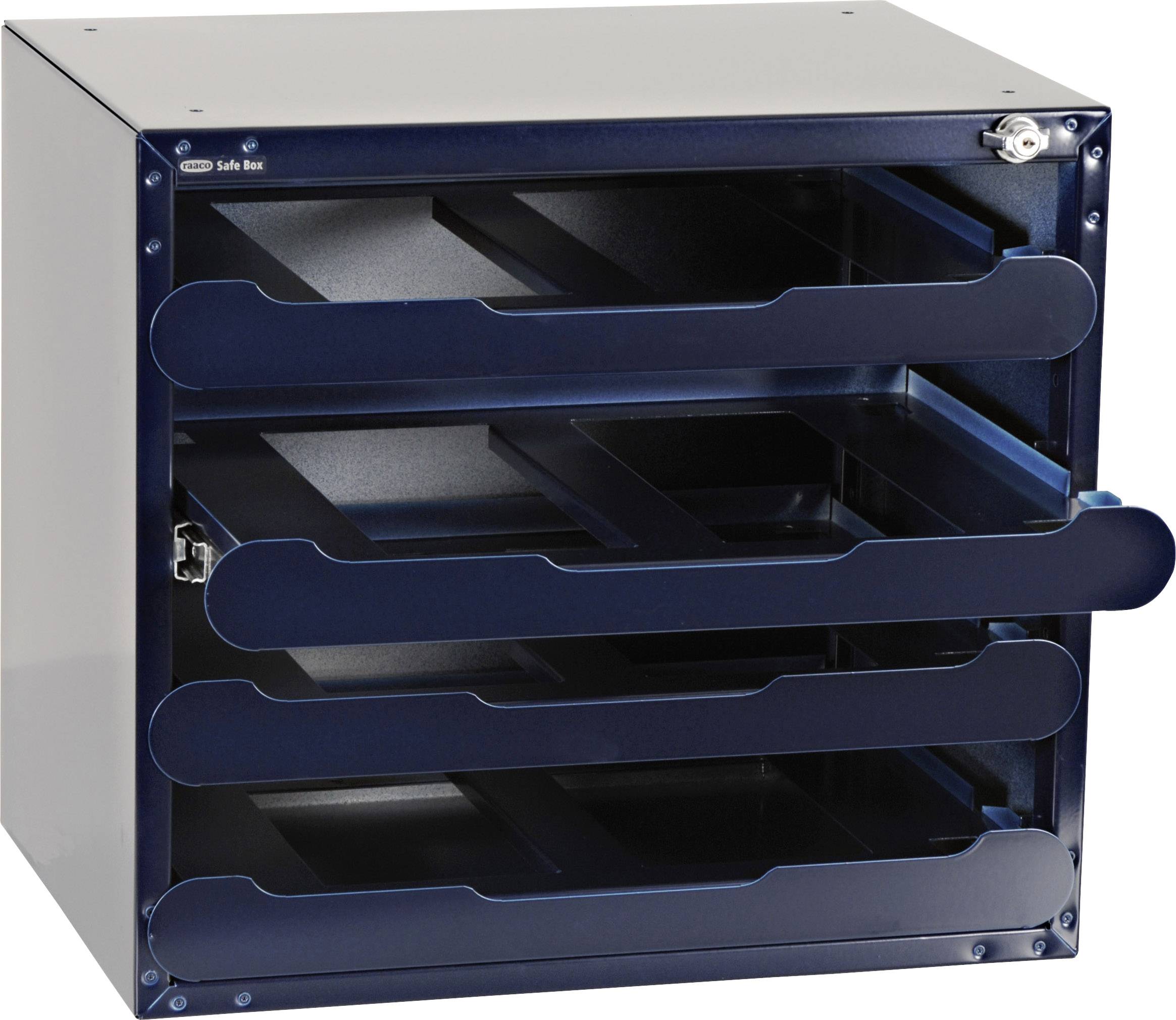 Metalen kast met meerdere laden die licht openstaan. Een slot is zichtbaar rechtsboven.