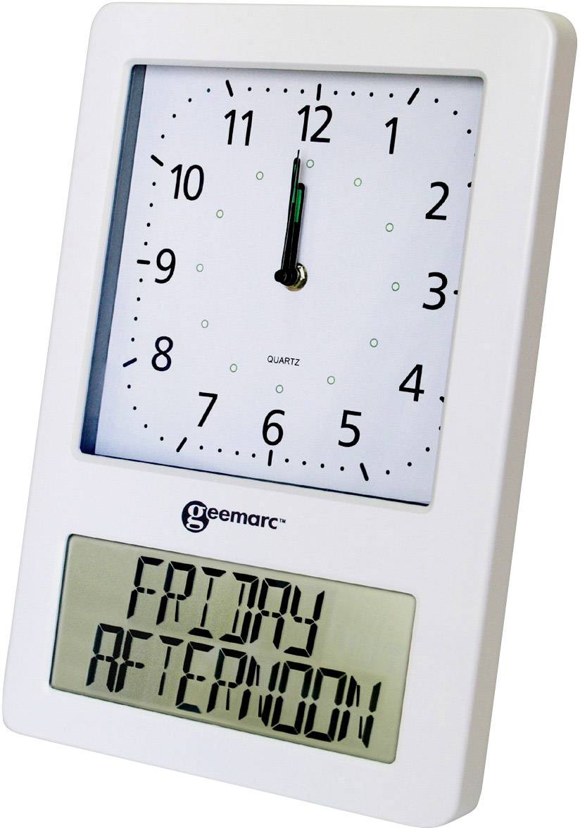 Een witte analoge wandklok met daaronder een digitaal display. De klok toont 12:00 uur. Het display leest 'VRIJDAGMIDDAG'.