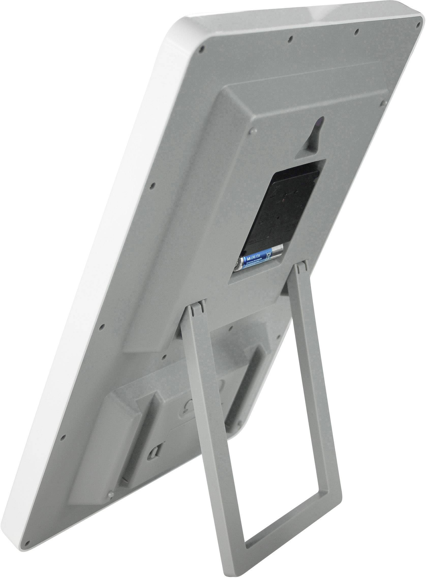 Het achterste deel van een digitaal fotolijstje met uitklapbare standaard, toont het batterij- of opslagcompartiment.