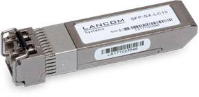 Een SFP-transceiver-module met de aanduiding 'Lancom Systems'. Het heeft een metalen behuizing en twee aansluitingen aan één zijde.