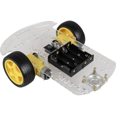 Een transparant, gemotoriseerd robotchassis met twee grote gele wielen en een batterijvak, geschikt voor elektronica-projecten.
