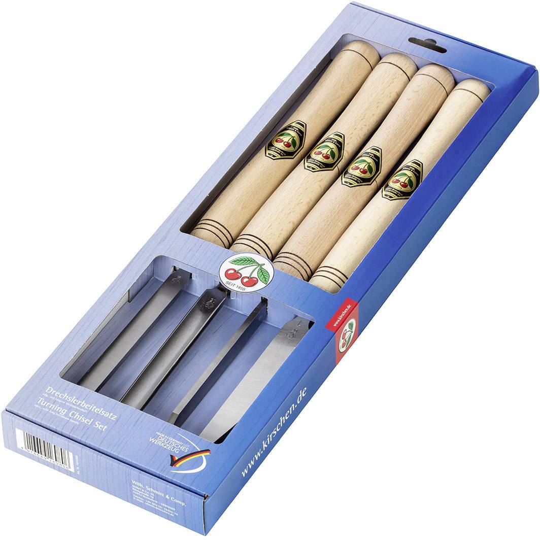 Draaibeitelset bestaande uit vier beitels met houten handvatten in een blauwe verpakking. Merknaam en kersensymbool op de verpakking.