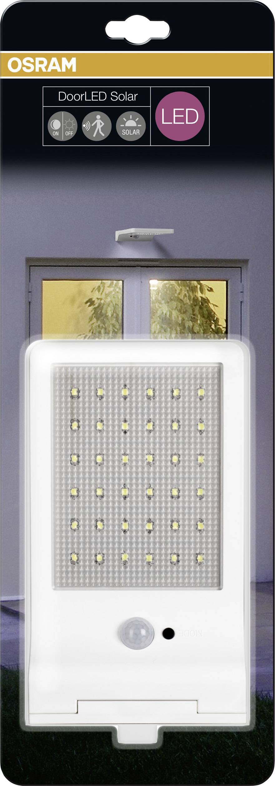 De verpakking toont een OSRAM DoorLED Solar Lamp met bewegingssensor, geschikt voor buitenverlichting bij deuren.