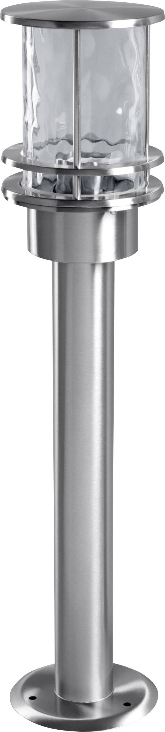 Een zilveren buitenvloerverlichting van roestvrij staal met een cilindrische voet en een heldere glazen afdekking, geschikt voor moderne tuinverlichting.