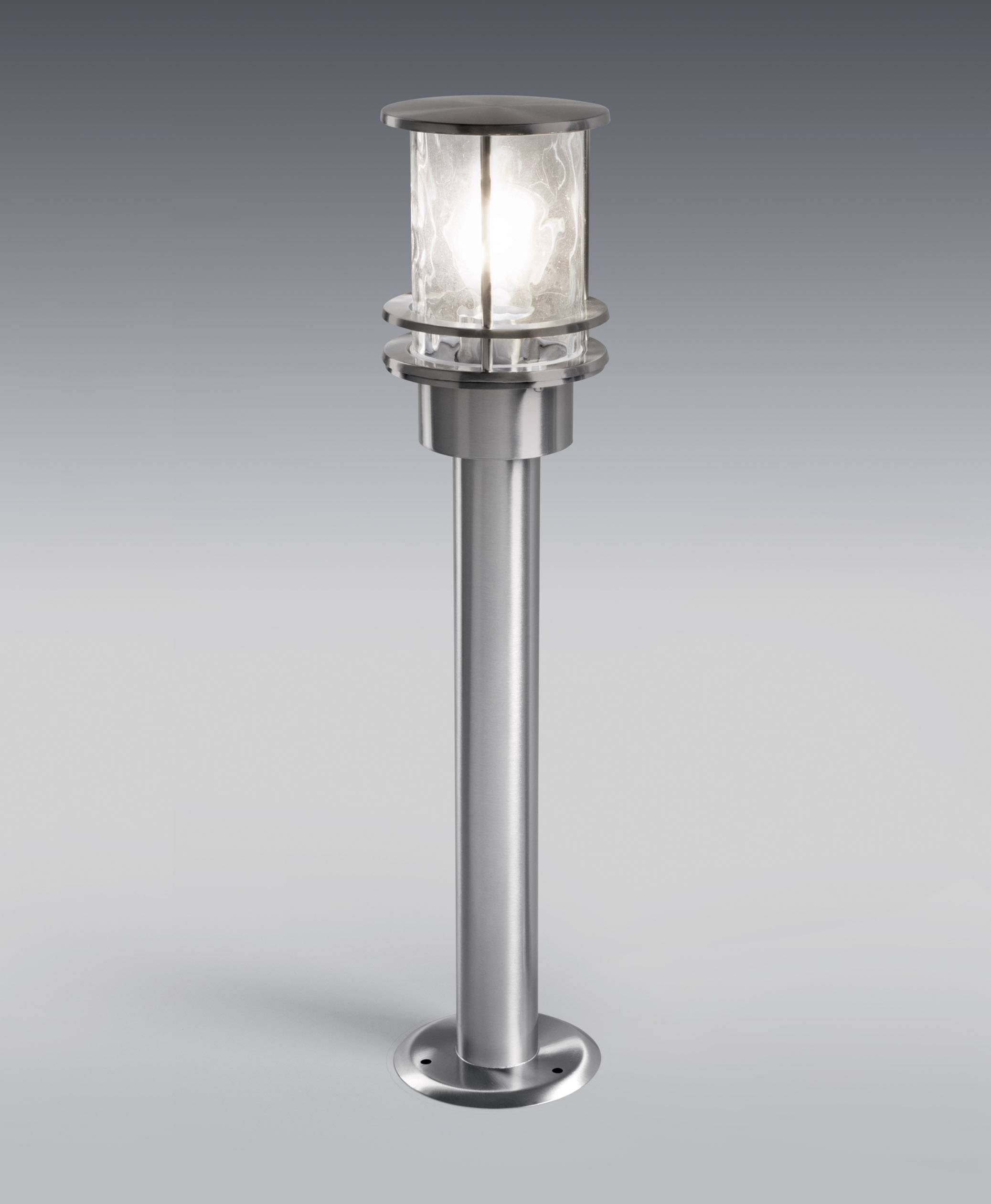 Een moderne metalen weglamp met een cilindrische behuizing en een transparante kap, geplaatst op een grijze achtergrond.