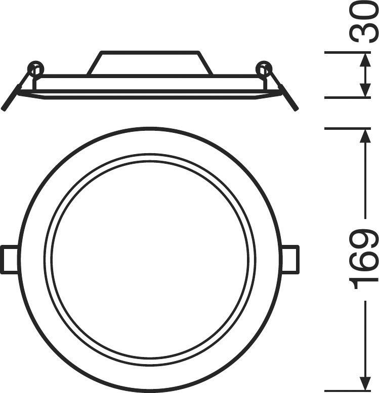 Technische tekening van een rond object met zijdelingse afmetingen: diameter 169 mm, hoogte 30 mm. Zij- en bovenaanzicht weergegeven.