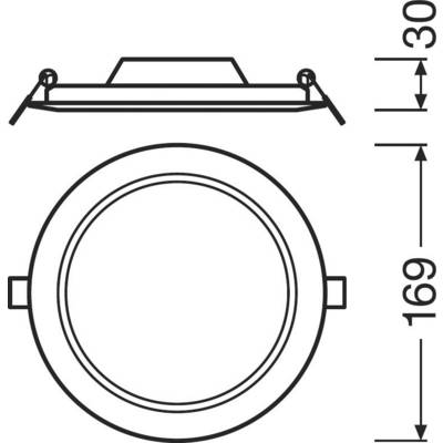 Technische tekening van een rond object met zijdelingse afmetingen: diameter 169 mm, hoogte 30 mm. Zij- en bovenaanzicht weergegeven.