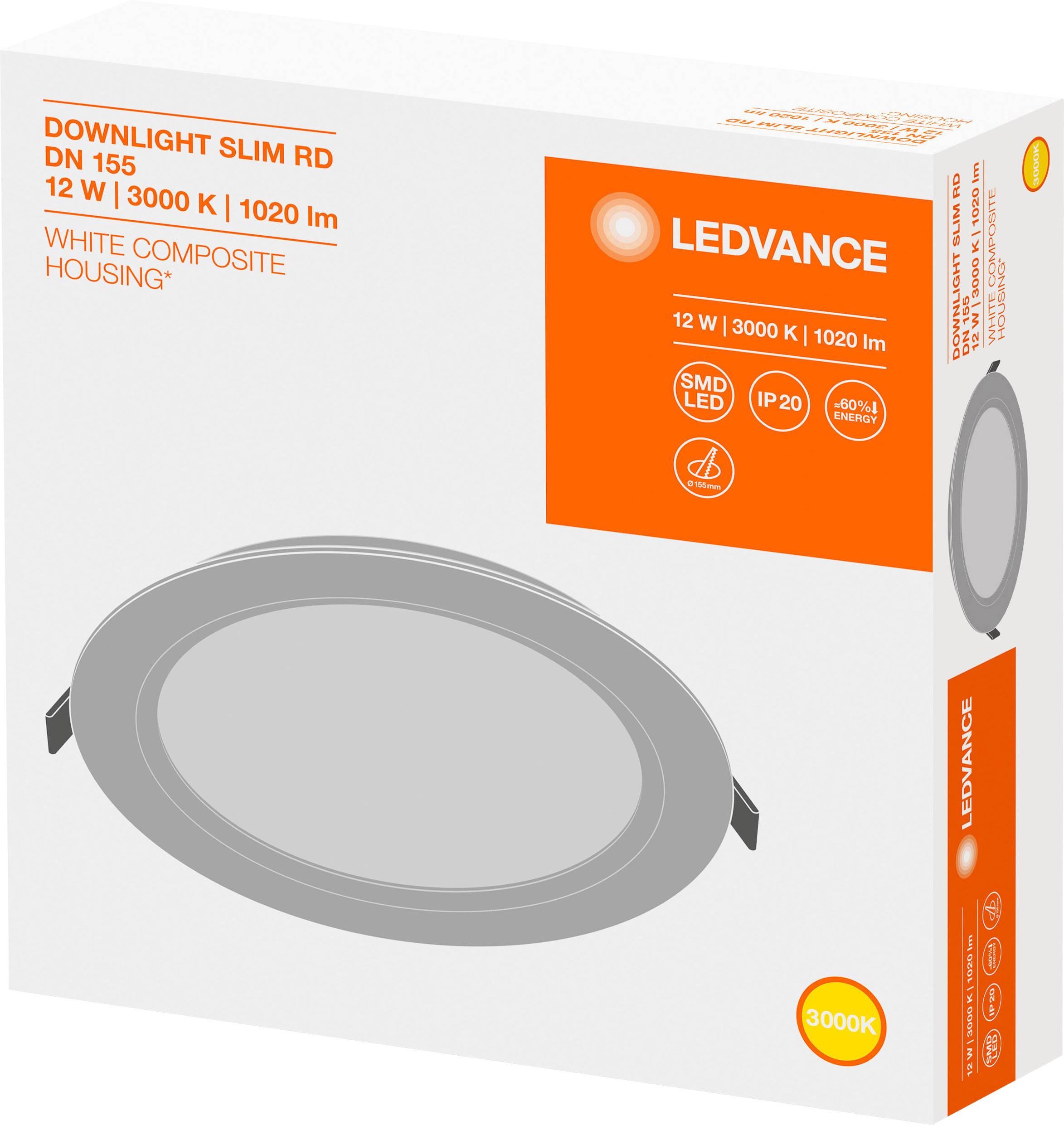 LED-plafondlamp, rond, 12W, 3000K, 1020lm, IP20, LEDVANCE-logo, verpakking toont grijze armatuurafbeelding op oranje-witte achtergrond.