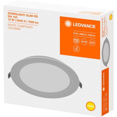 LED-plafondlamp, rond, 12W, 3000K, 1020lm, IP20, LEDVANCE-logo, verpakking toont grijze armatuurafbeelding op oranje-witte achtergrond.