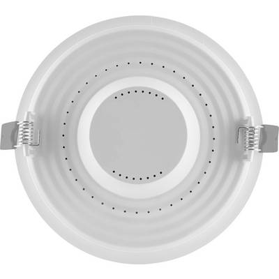 Een wit, rond LED-inbouwlicht met geperforeerde rand en twee metalen klemmen aan de zijkanten, weergegeven in bovenaanzicht.