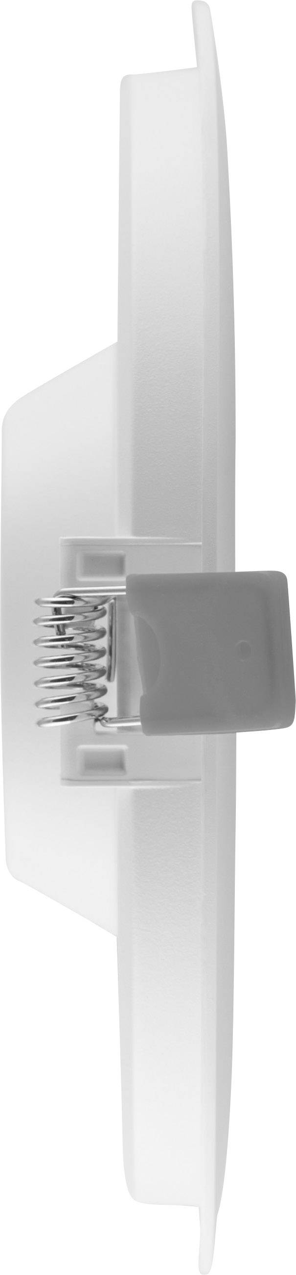 Zijaanzicht van een wit, schaalvormig object met een klem en metalen pinnen in het midden.