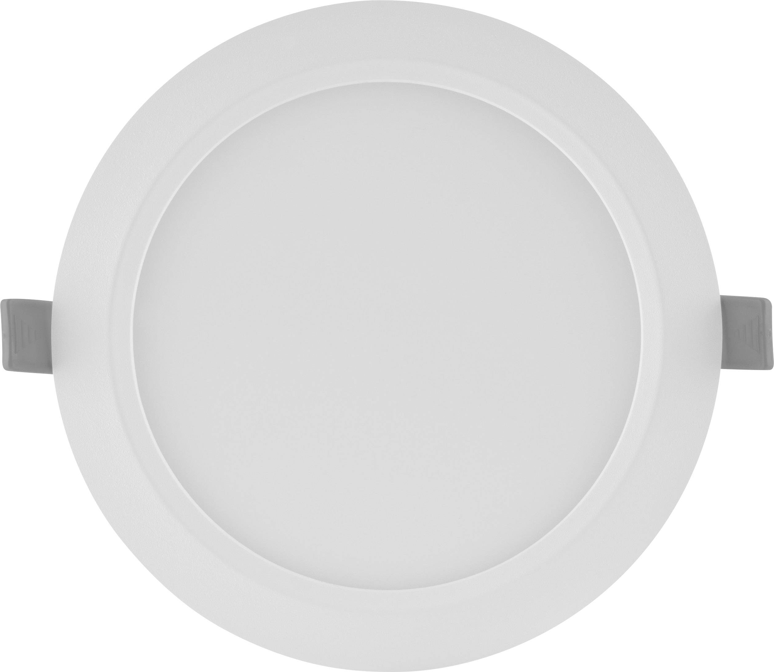 Ronde, witte LED-plafondlamp met zijdelingse bevestigingsbeugels, geschikt voor binnenruimtes.