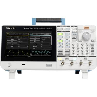 Functiegenerator met display toont instellingen en golfvorm. Knoppen en regelaars voor bediening zichtbaar. Merk Tektronix.