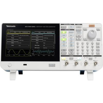 Een functiegenerator met display toont twee curves en meerdere instellingen, inclusief frequentie en amplitude. Gemarkeerd: 'Tektronix'.