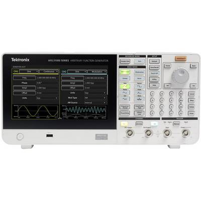 'AFG31000 Serie van Tektronix' is een Arbitrary Function Generator met twee kanalen, die golfvormen weergeeft op een digitaal display.