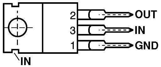 Elektrisch schakelschema van een 3-polige spanningsregelaar met de aanduidingen: Pin 1 'GND', Pin 2 'IN', Pin 3 'OUT'.
